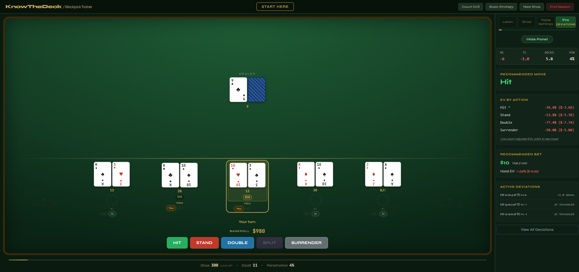 KnowTheDeck desktop trainer with a full table, live count, EV by action, and active deviations